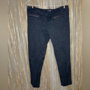 Black brocade mid rise cigarette pants with bronze zippers